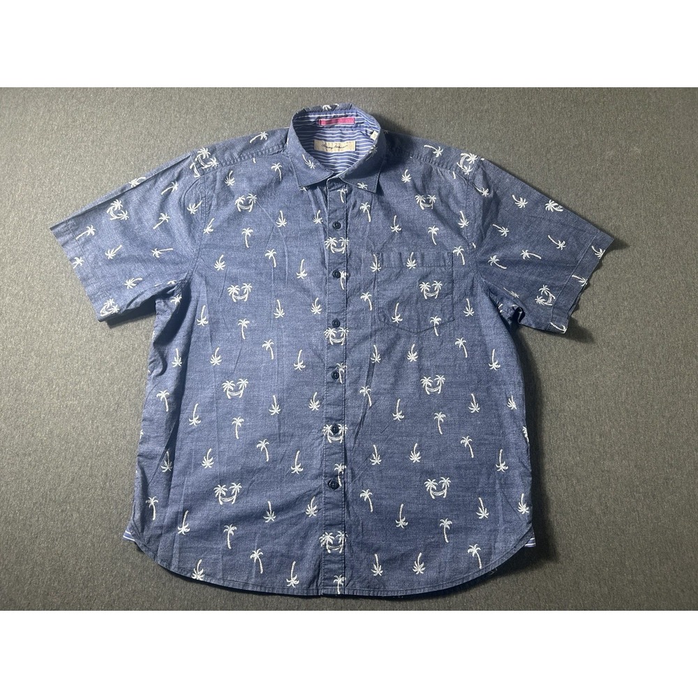 Tommy Bahama Men's Blue Chambray Palm Tree Print Short Sleeve Button Down M